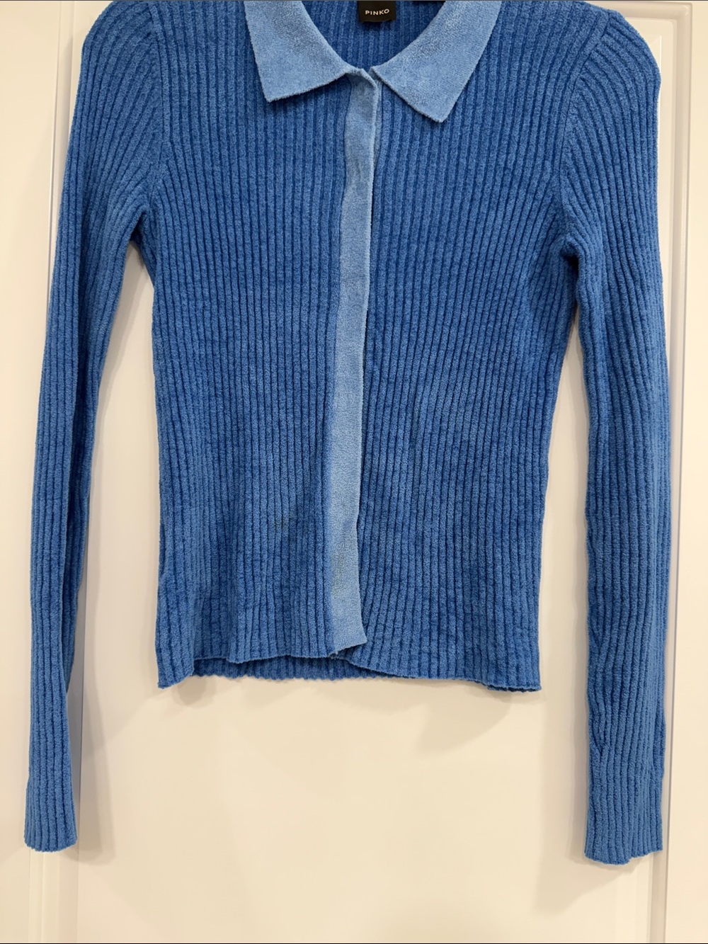 Pinko Blue Ribbed Collared V-Neck Button Cardigan - Picture 6 of 10